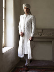 OFFWHITE RAWSILK EMBROIDERED FABRIC SHERWANI