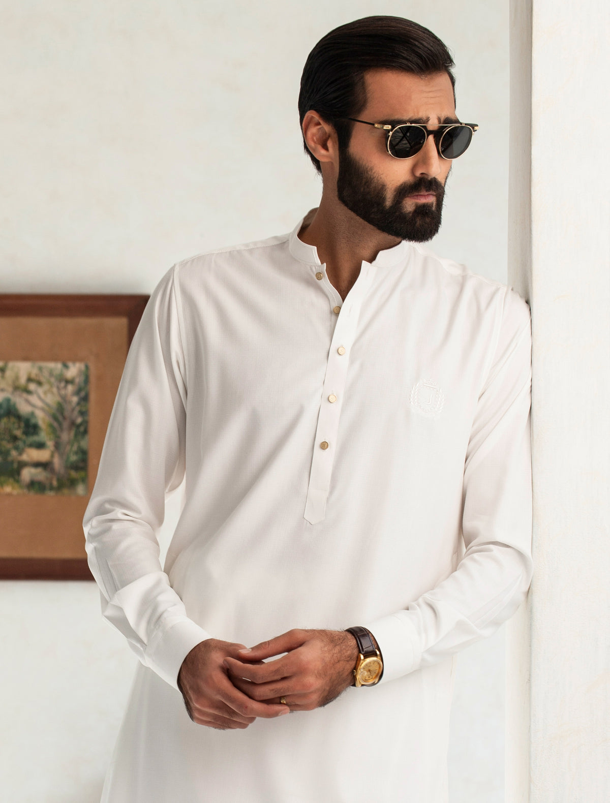 PEARL WHITE KAMEEZ SHALWAR EMBROIDERED MONOGRAM ON FRONT