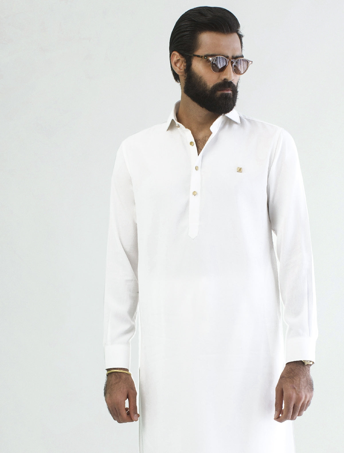 PEARL WHITE - METAL -LOGO EMBELLISHED KAMEEZ SHALWAR
