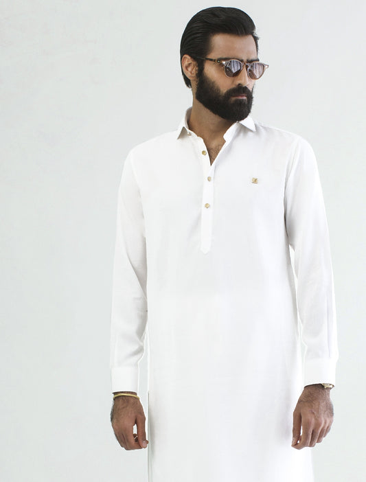 PEARL WHITE - METAL -LOGO EMBELLISHED KAMEEZ SHALWAR