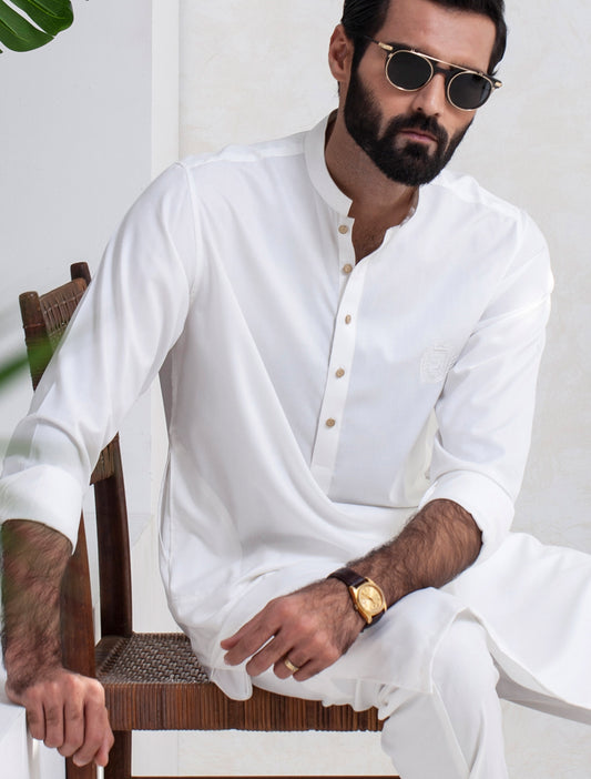 PEARL WHITE KURTA PAJAMA  EMBROIDERED MONOGRAM ON FRONT