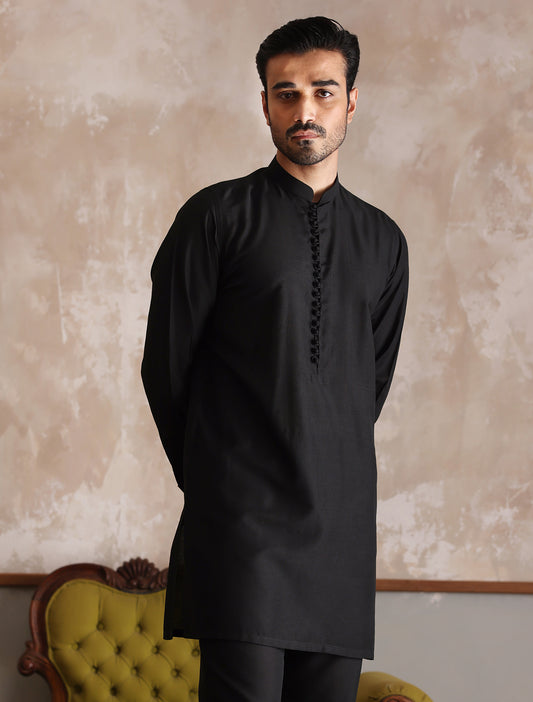 CLASSIC BLACK SHORT LENTH KURTA WITH LOOP AND BALL BUTTONS