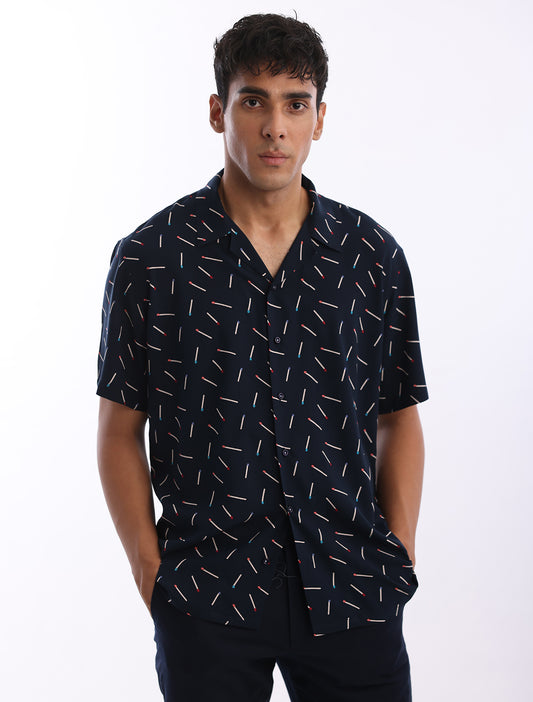NAVY BLUE MATCH STICK PRINTED SHIRT