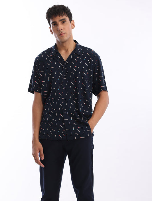 NAVY BLUE MATCH STICK PRINTED SHIRT
