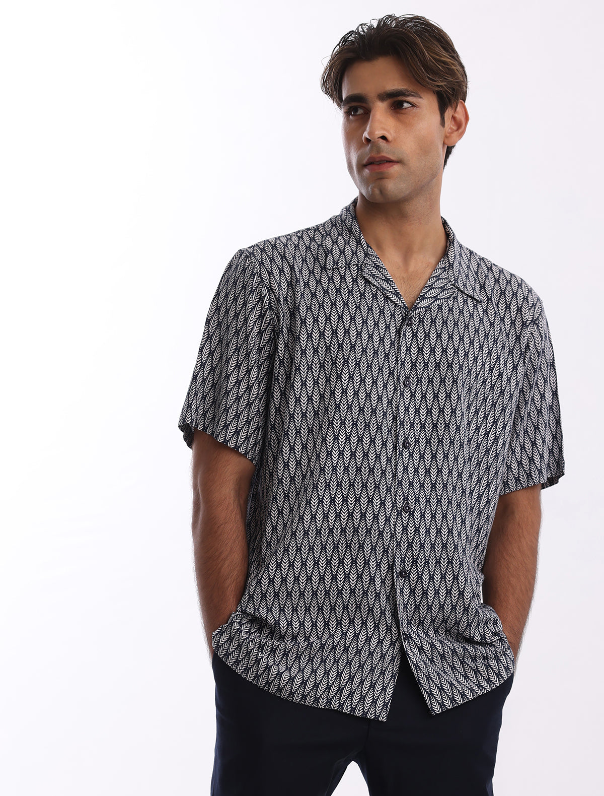 NAVY BLUE LEAF PRINTED SHIRT