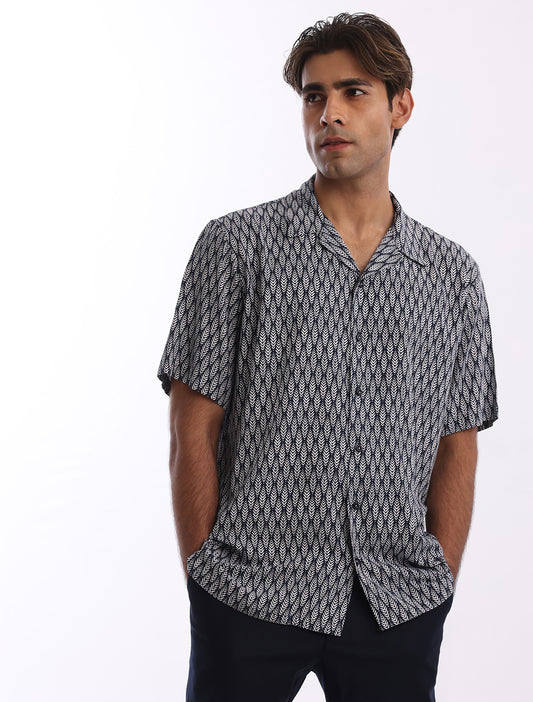 NAVY BLUE LEAF PRINTED SHIRT