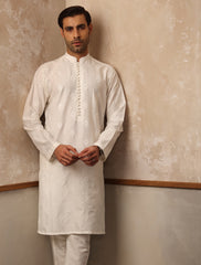 OFF-WHITE EMBROIDERED KURTA WITH LOOPS AND BALL BUTTONS