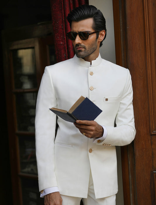 Pearl White Prince Coat with Gold Embroidery - Mens Wear