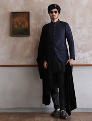 BLACK ON NAVY MESH EMBROIDERED PRINCE COAT