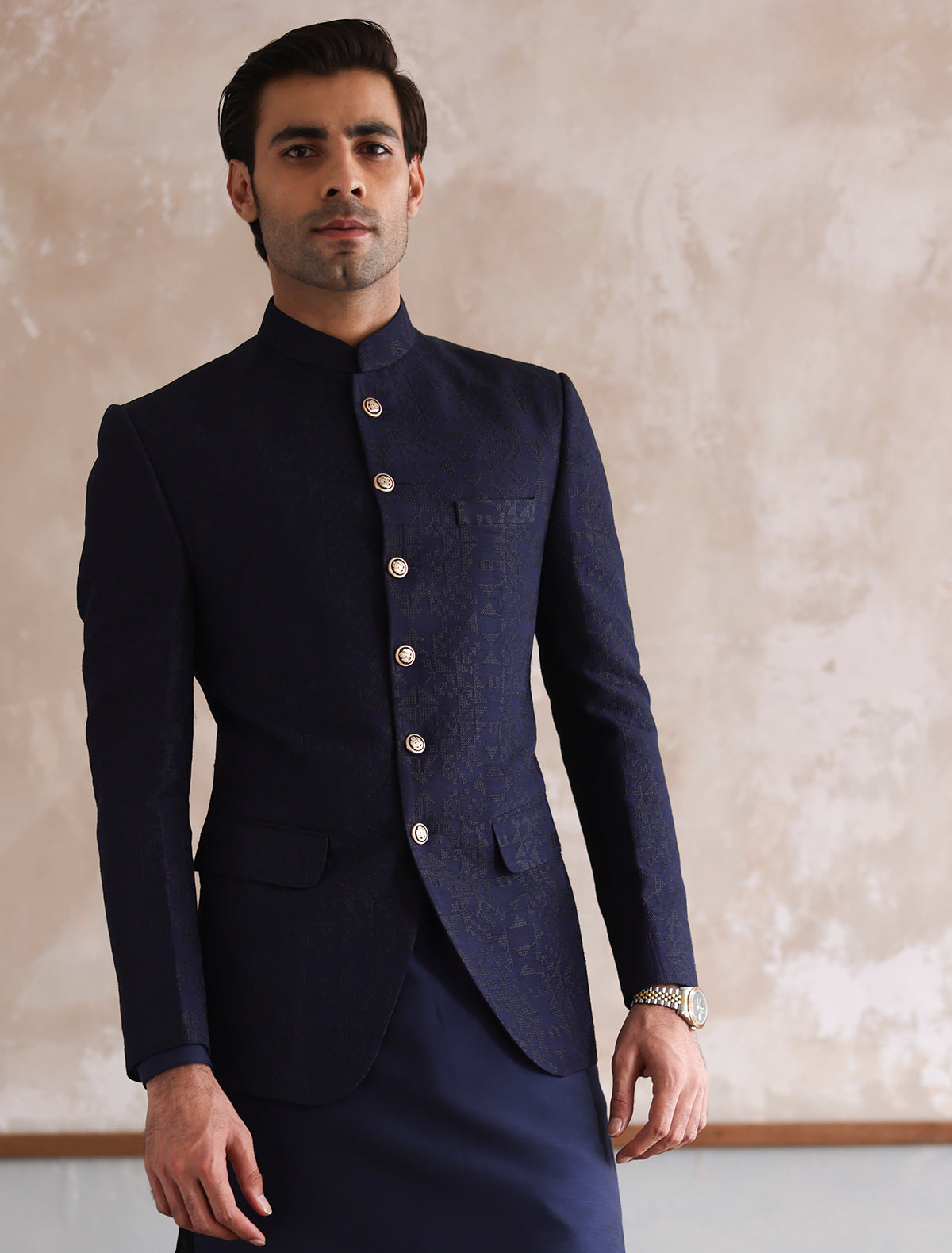 NAVY CROSS STITCHED EMBROIDERED PRINCE COAT