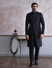 BLACK HEAVY EMBROIDERED PRINCE COAT-S