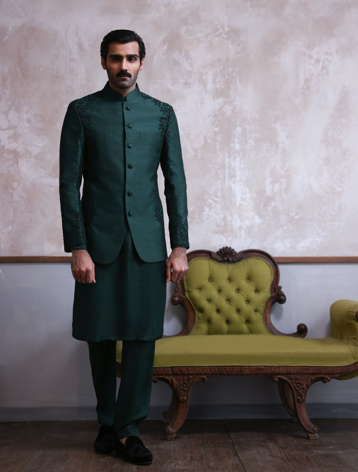 EMERALD GREEN HAND EMBROIDERED PRINCE COAT-S