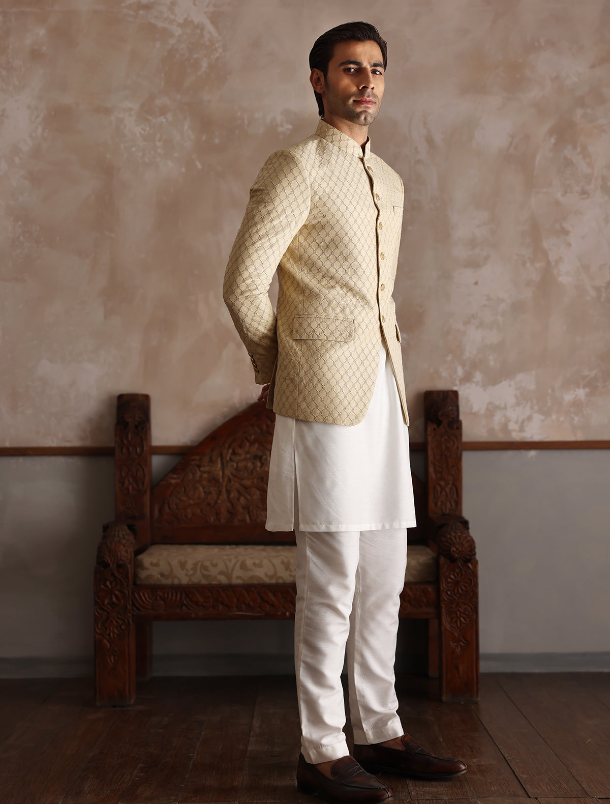 BEIGE MESH EMBROIDERED PRINCE COAT
