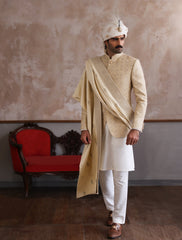 BEIGE INTRICATE EMBROIDERD PRINCE COAT-S