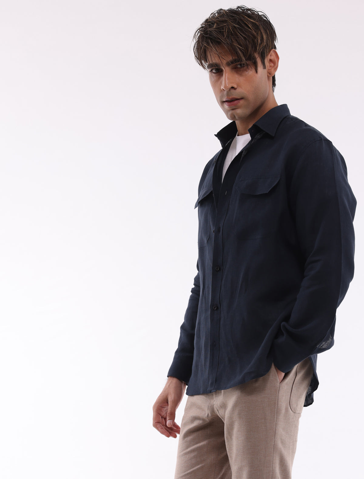 NAVY BLUE FLAP POCKETS LINEN SHIRT – Ismail Farid Pakistan