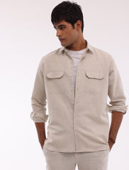 LIGHT BEIGE FLAP POCKETS LINEN SHIRT