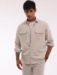 LIGHT BEIGE FLAP POCKETS LINEN SHIRT