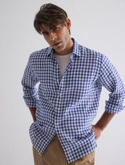 BLUE CHECKERED COTTON LINEN SHIRT