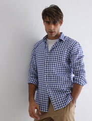 BLUE CHECKERED COTTON LINEN SHIRT