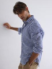 BLUE CHECKERED COTTON LINEN SHIRT