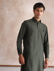 GREEN TEXTURED KAMEEZ SHALWAR WITH FRONT MONOGRAM