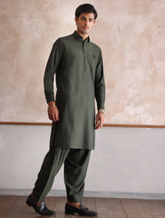GREEN TEXTURED KAMEEZ SHALWAR WITH FRONT MONOGRAM