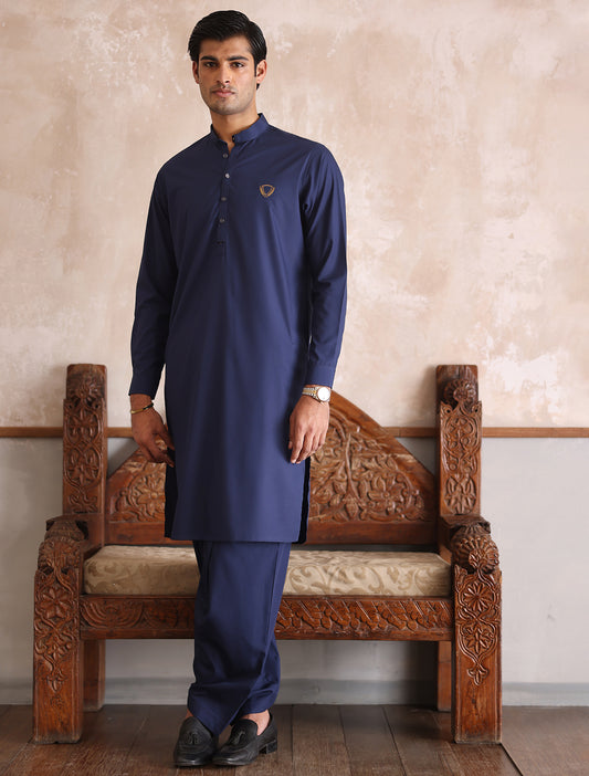 CLASSIC BLUE KAMEEZ SHALWAR WITH FRONT MONOGRAM