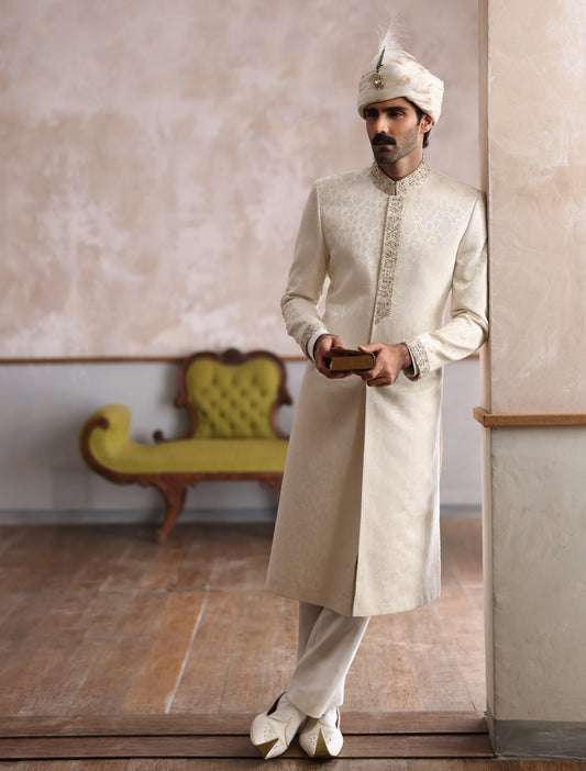 OFF WHITE KARANDI JAMAWAR SHERWANI