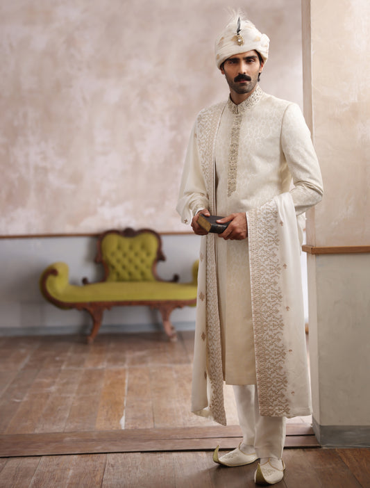 OFF WHITE KARANDI JAMAWAR SHERWANI