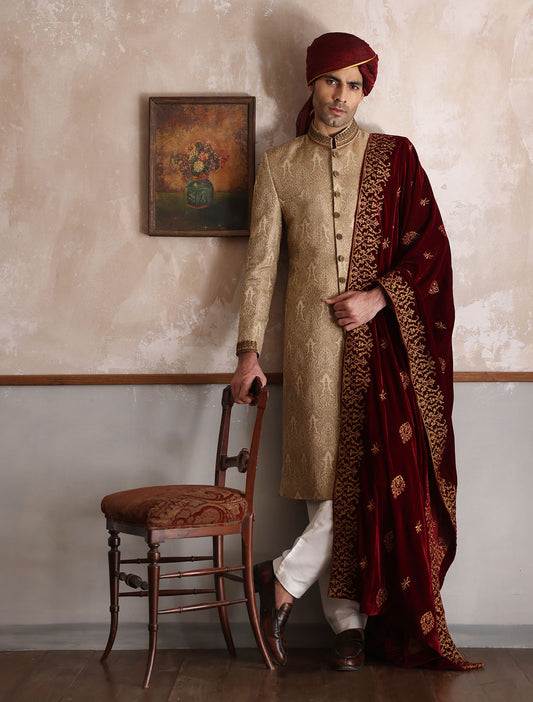 BEIGE JACQUARD EMBROIDERED SHERWANI