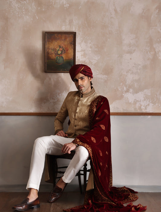 BEIGE JACQUARD EMBROIDERED SHERWANI