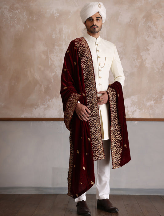 OFF-WHITE RAW SILK SHORT LENGTH SHERWANI