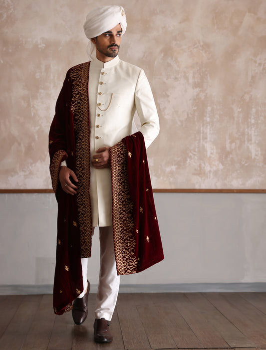 OFF-WHITE RAW SILK SHORT LENGTH SHERWANI