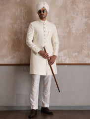 OFF-WHITE RAW SILK SHORT LENGTH SHERWANI