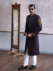 PURPLE RAWSILK HAND EMBROIDERED SHERWANI