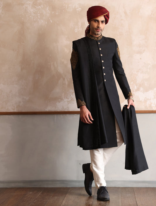 BLACK RAW SILK HAND EMBROIDERED SHERWANI