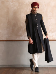 BLACK RAW SILK HAND EMBROIDERED SHERWANI
