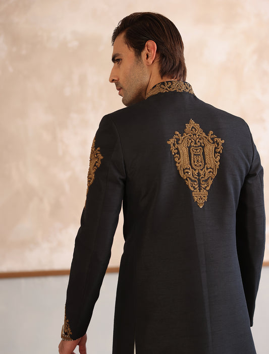BLACK RAW SILK HAND EMBROIDERED SHERWANI
