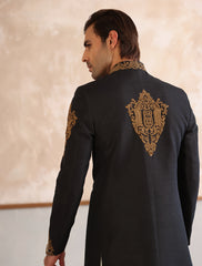 BLACK RAW SILK HAND EMBROIDERED SHERWANI