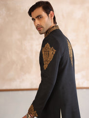 BLACK RAW SILK HAND EMBROIDERED SHERWANI
