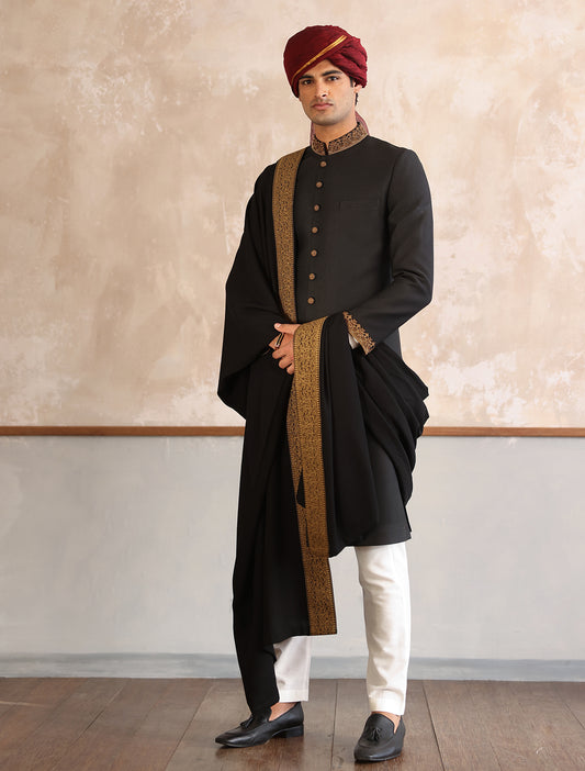 CLASSIC BLACK MESH EMBROIDERED SHERWANI