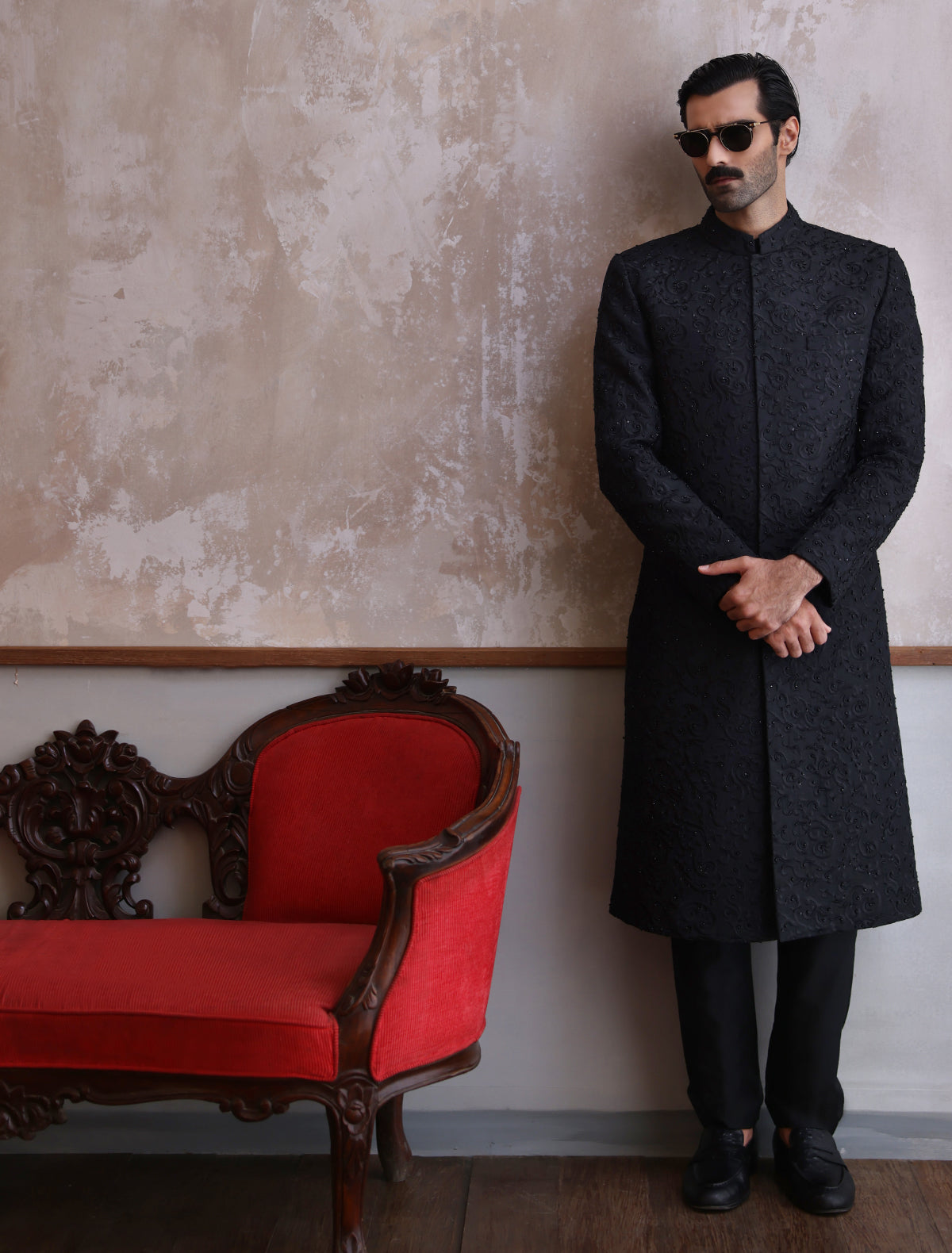 BLACK SELF EMBROIDERED SHERWANI