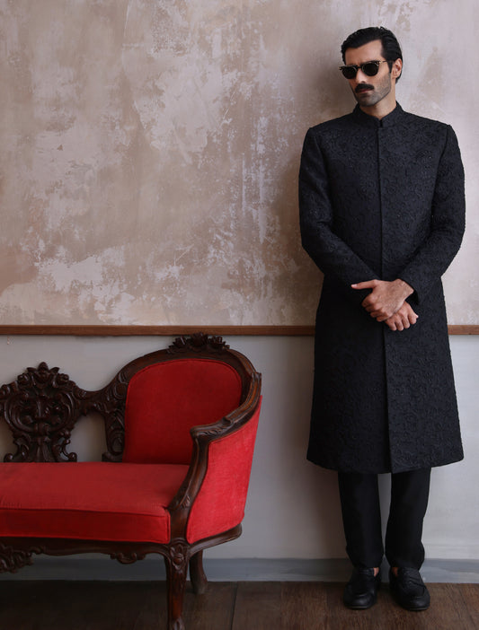 BLACK SELF EMBROIDERED SHERWANI
