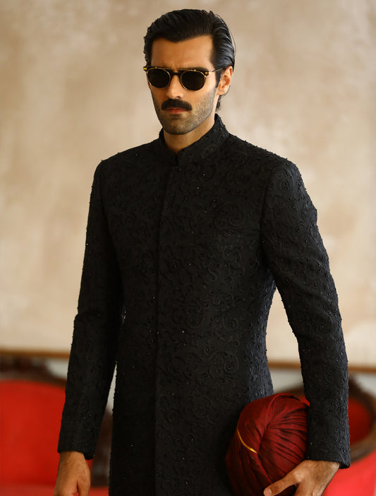 BLACK SELF EMBROIDERED SHERWANI