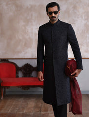 BLACK SELF EMBROIDERED SHERWANI