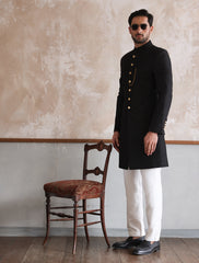 BLACK RAW SILK SHORT LENGTH SHERWANI