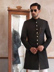 BLACK RAW SILK SHORT LENGTH SHERWANI