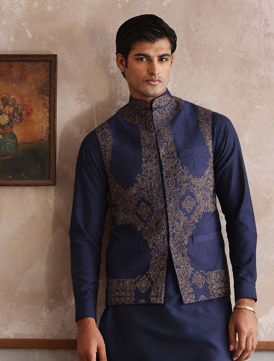 NAVY RAW WILK EMBROIDERED WAISTCOAT