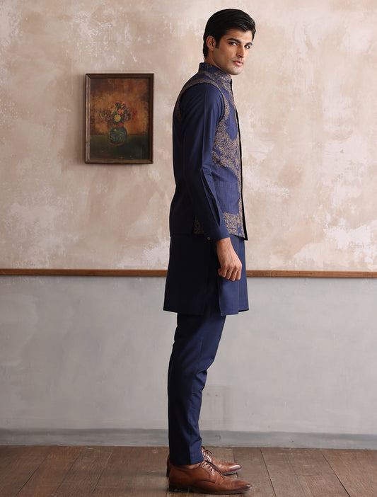 NAVY RAW WILK EMBROIDERED WAISTCOAT