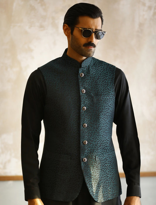 TURQUOISE JACQUARD WAIST COAT-S